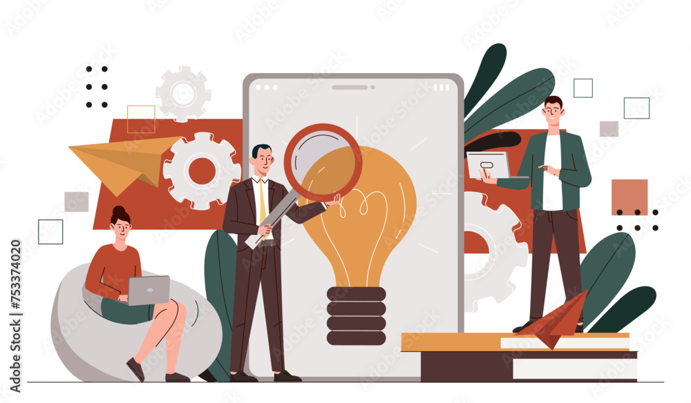 Poster searching for idea. workers and employees with start up or business project. businessmen and traders