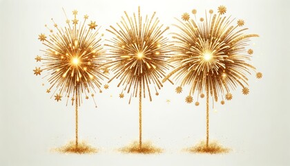 A radial burst of golden glitter, spreading outwards with fine particles, on a White background, resembling a firework or festive explosion.
