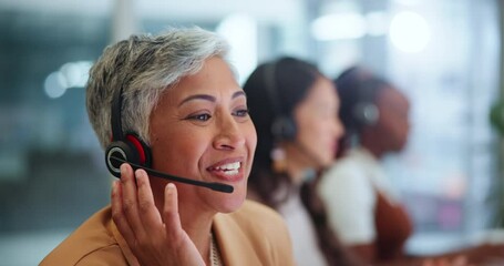 Senior woman, agent and call center with headphones in customer service or support at office. Happy female person, consultant or agent consulting for online advice, assistance or help at workplace - Powered by Adobe