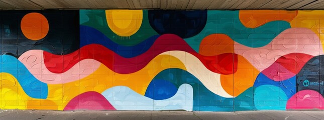 Vibrant abstract mural on an urban underpass, featuring flowing waves and circles in bold colors.
