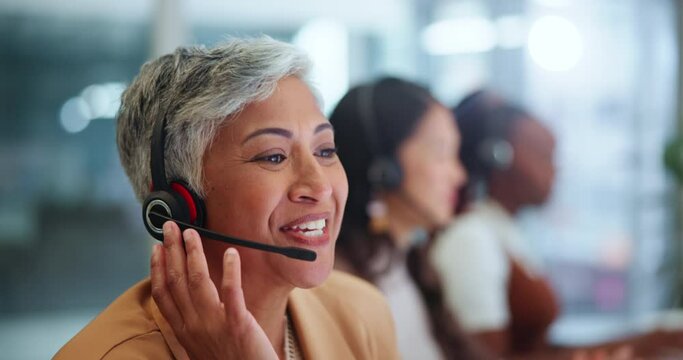 Senior woman, agent and call center with headphones in customer service or support at office. Happy female person, consultant or agent consulting for online advice, assistance or help at workplace - Powered by Adobe