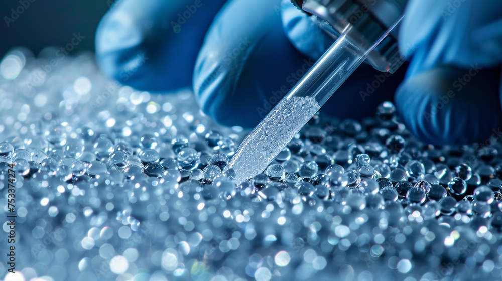 Poster a closeup of a scientists hands wearing gloves as they carefully manipulate tiny aerogel microsphere