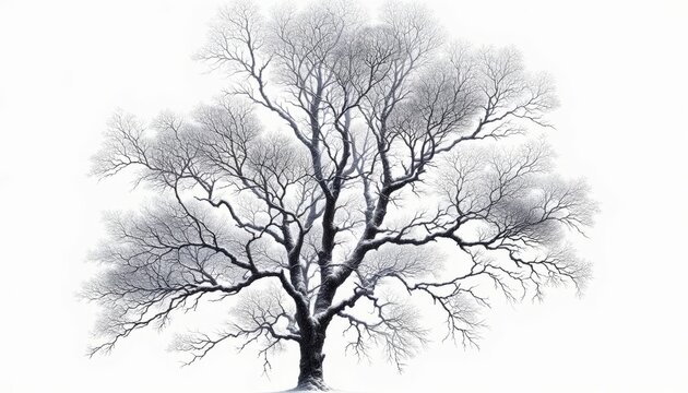 Bare tree branches with a fine dusting of snow, depicted in a realistic winter scene, set against a white background.