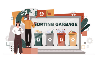 Naklejka premium People sorting garbage. Man and wman near colorful trashcans. Care about ecology and nature. Recycling and reuse. Zero waste and sustainable lifestyle. Cartoon flat vector illustration
