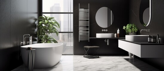 Modern bathroom design with minimalist black and white decor - obrazy, fototapety, plakaty