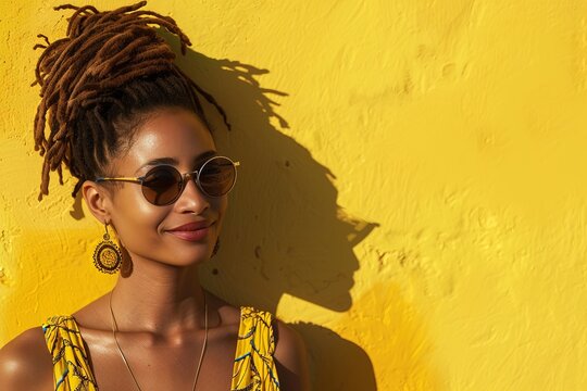 stylish  puerto rican woman with dreadlocks and sunglasses against bright yellow wall