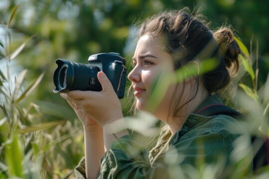 A plus-size young woman with a DSLR camera, peering through green foliage, is capturing images in a natural setting. Her focus and gentle smile suggest a moment of creative engagement.