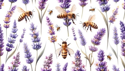 A seamless pattern of watercolor lavender and bees, with each element carefully detailed, offering a serene and natural border, on a white background.