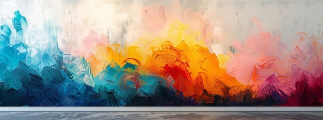 Expressive abstract painting with a vibrant explosion of colors resembling a fiery sunrise over a tranquil blue sea.
