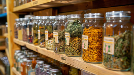 A shelf filled with jars and bottles each containing a different type of herbal remedy. The labels...