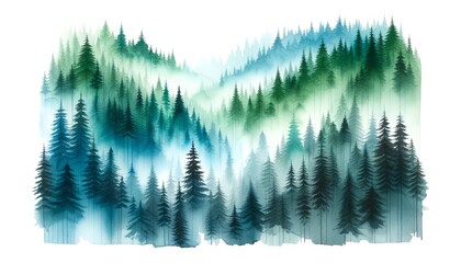 A watercolor painting of a foggy, dense forest with layered pine trees in shades of green and blue, creating depth, on a white background.