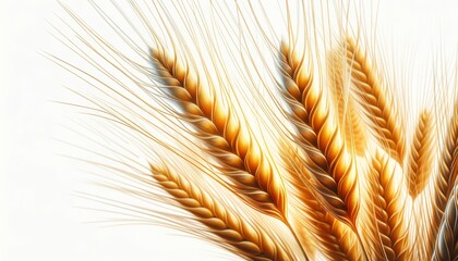 A macro photography style illustration of wheat stalks, with a focus on the golden grains and textures, enhanced with a soft glow, isolated on a white background.