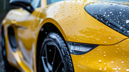 A closeup of a cars glossy exterior featuring a newly developed lotus effect paint that repels rain and dust keeping the vehicle looking pristine. - obrazy, fototapety, plakaty