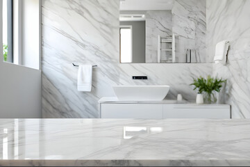 Fototapeta na wymiar Empty marble table top with blurred bathroom interior background