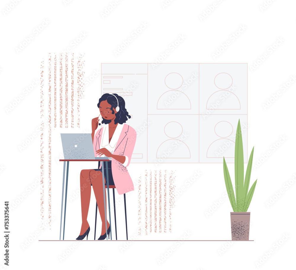 Poster woman using computer simple. hot line opeartor answer to calls. technical support for clients and us