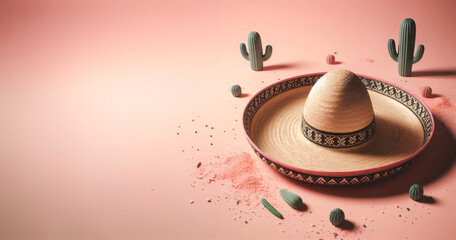 Fototapeta na wymiar Mexican sombrero hat on the ground on a plain background with copy space