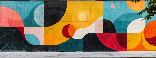 Striking abstract street mural with bold curved forms in contrasting red, teal, and orange hues against a textured white background.