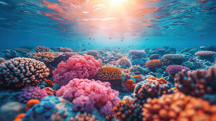 Fototapeta na wymiar Vibrant underwater coral reef scene with colorful corals and marine life, sunbeams penetrating the ocean surface