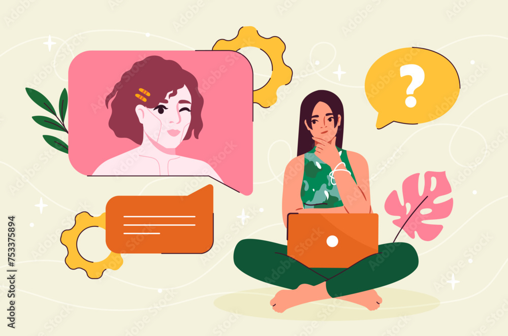 Poster woman with virtual assistant. young girl with laptop ask questions. frequently asked questions. tech