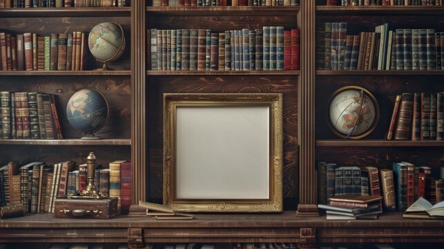 well-worn wooden picture frame displayed on a bookshelf filled with colorful hardcovers and paperbacks