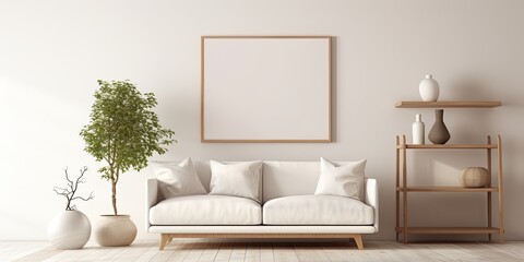 Elegant living room interior design with mock up poster frame, shelf, sofa, vases and accessories.