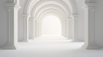 3d rendering. Arch hallway simple geometric background. Architectural corridor, portal, arch columns inside white empty wall