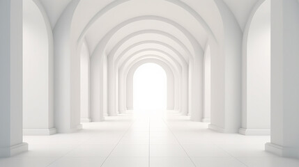 Arch hallway simple geometric white background. Architectural corridor, portal, arch columns inside empty wall