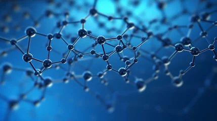 Foto op Plexiglas A 3D rendering presents a view of a graphene molecular nano technology structure against a blue background. © Shabnam