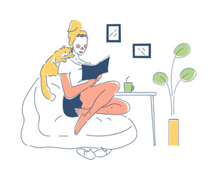 Woman reading at home simple. Young girl sitting at home with cat. Face masks and skin care. Rest and relaxation indoor, coziness. Doodle flat vector illustraton isolated on white background