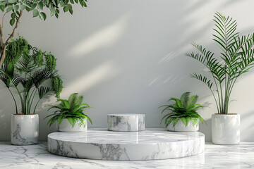 White marble podium with greenery 