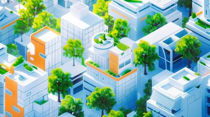 isometric sustainable house area concept with trees concept - obrazy, fototapety, plakaty