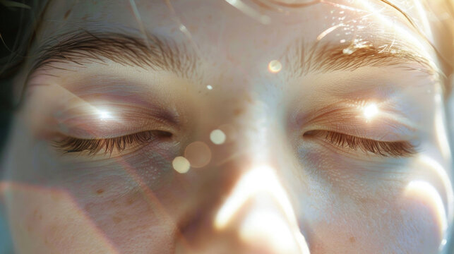 A persons closed eyes with soft beams of white light radiating from their third eye during a Reiki healing session.