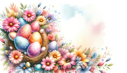Obraz na płótnie Canvas A vibrant Easter nest with ornate eggs and a bouquet of spring flowers. Easter card background.