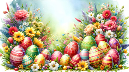 Fototapeta na wymiar A Easter background with floral wreath and easter eggs. Watercolor illustration.