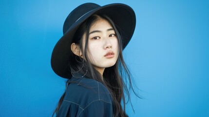 Young Asian girl with beautiful face in casual clothes and hat is posing isolated on blue background studio