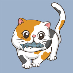 illustration art cute cat bring fish character design
