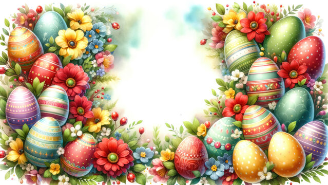  a easter background with floral wreath and easter eggs, for seasonal advertising, greeting cards.