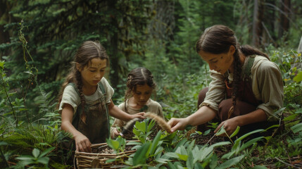 Naklejka na ściany i meble A mother and her children are seen gathering medicinal plants in the forest as they learn the ancient healing techniques passed down from their ancestors.
