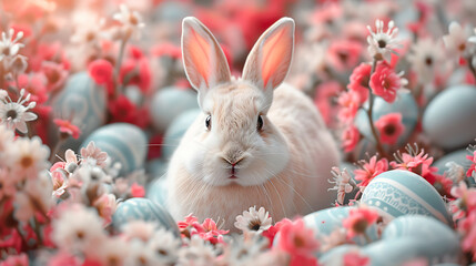 Cute rabbit with colorful Easter eggs, easter themed background,Easter celebration. Generative AI illustration 