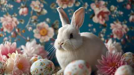 Naklejka na ściany i meble Cute rabbit with colorful Easter eggs, easter themed background,Easter celebration. Generative AI illustration 