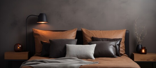 Modern interior design with black and brown pillows on the bed against a gray backdrop High resolution image