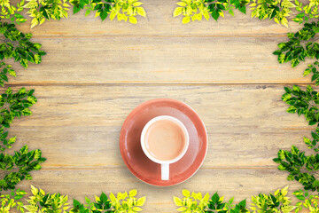 Top view with cozy autumn breakfast with morning cup of coffee