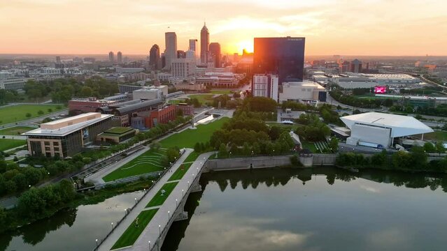 Aerial Sunrise Over Indianapolis Skyline and White River Park