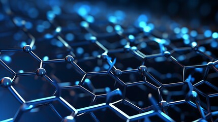 A close-up 3D rendering illustrates an abstract nanotechnology hexagonal geometric form, representing the concept of graphene molecular structure.
