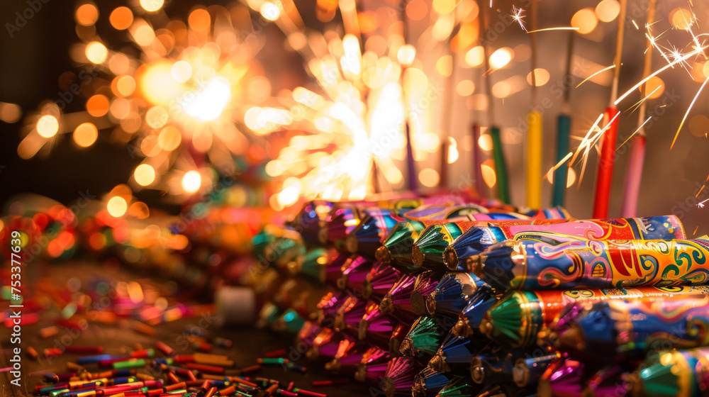 Poster a table lined with packets of colorful and noisy fireworks such as sparklers rockets and firecracker