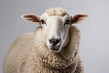 Sheep portrait isolated on gray background. Sheep head close up.