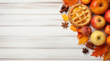 Autumn apple pie, cinnamon and leaves on white wooden background