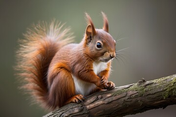 Red squirrel sitting on wooden log and eating nut