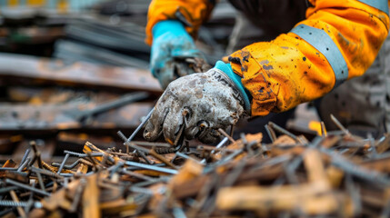 A photo of a construction worker using a specialized tool to remove and store nails from recycled lumber. The nails will be reused in future construction projects reducing