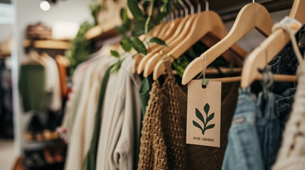 Recycle logo displayed on a sustainable fabric tag among a selection of environmentally conscious apparel. - obrazy, fototapety, plakaty